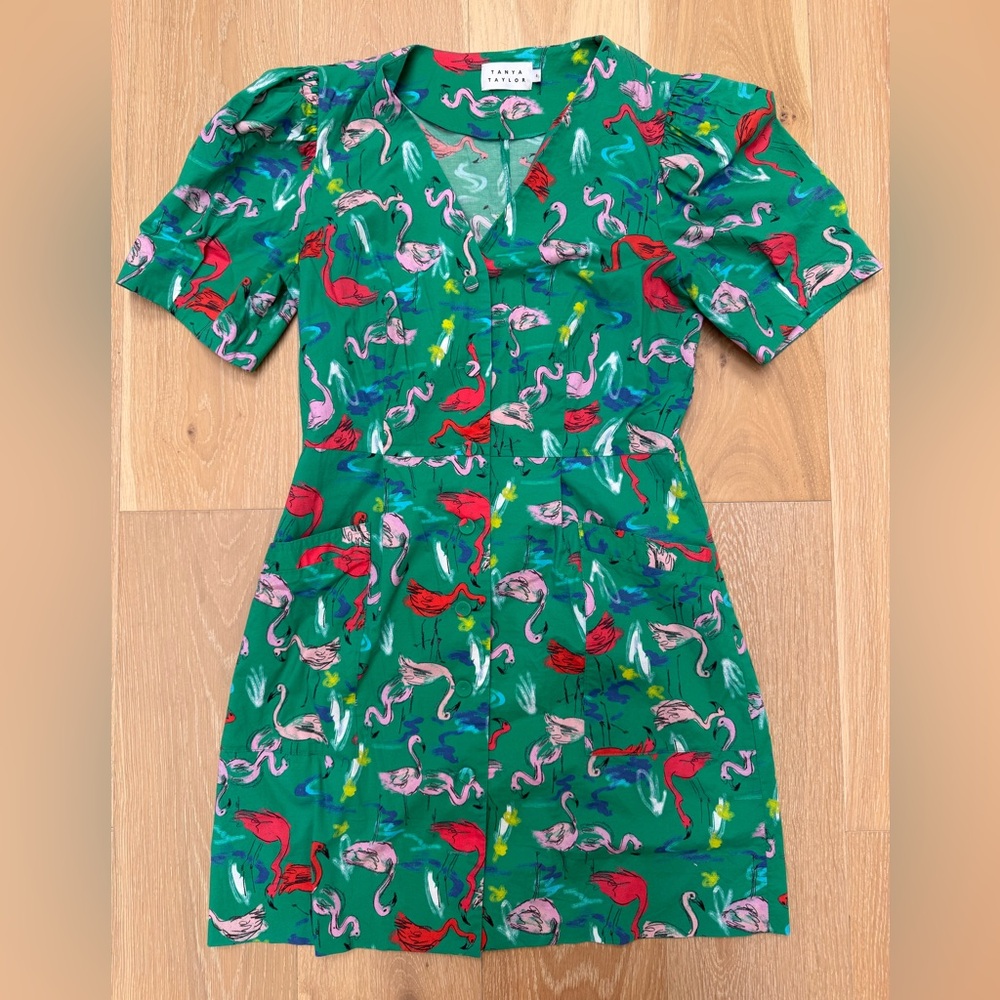 Tanya Taylor Green Flamingo Print Dress